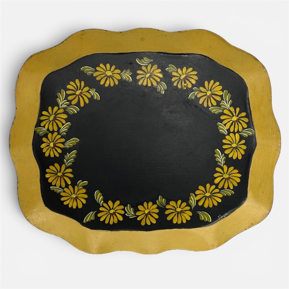 Vintage McMullin Hand Painted Floral Daisy Toleware Scalloped Metal Tray 19x15